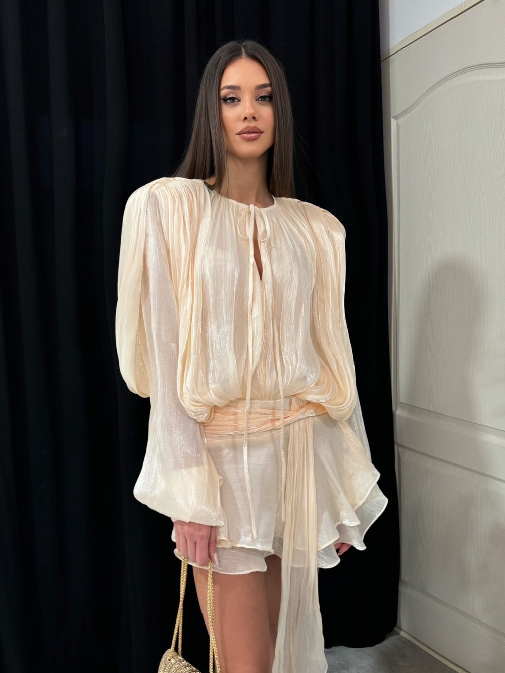 Sheer Ivory Tie-Neck Blouson Mini Dress - Women